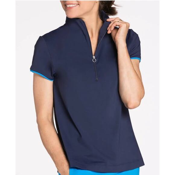 KINONA Short Sleeve Mock Neck Top Medium Navy Blue Turquoise Golf  UPF 50 Active - Picture 1 of 10